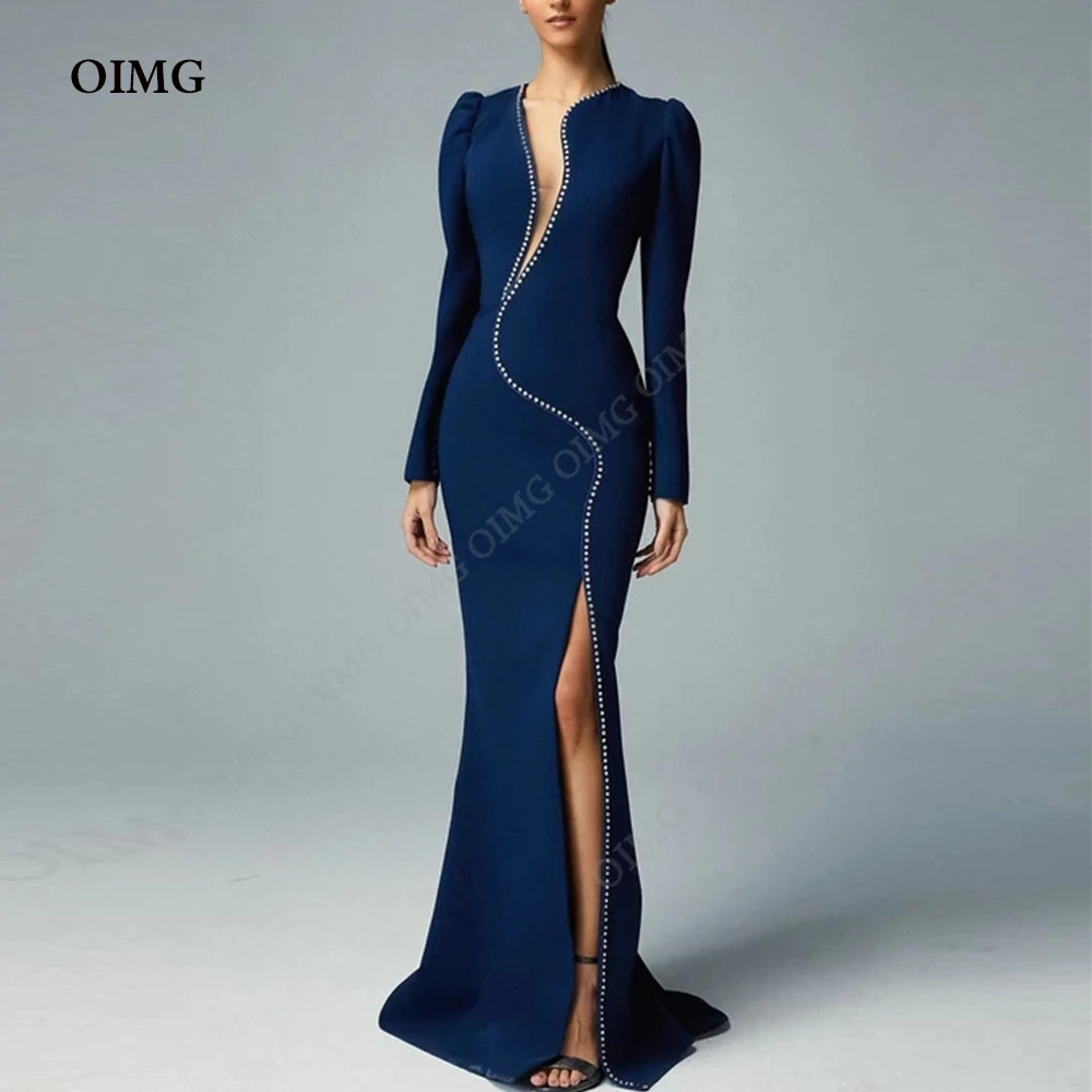 

OIMG Luxury Side Slit Evening Dresses Navy Blue Long Sleeves Sparkly Beads Prom Party Gown Dress Graduation abendkleid damen