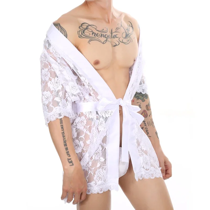 

Men's Sexy Short Ssee-Through Porno Lace Bathrobe Transparent Sex Erotic BDSM Pajamas Thong Hot Suit Home Wear Clothing