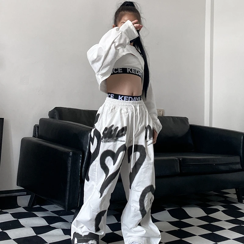 Ballroom Hip Hop Dance Costumes For Girls Hoodie Crop Tops Loose Pants Streetwear Kids Clothing Jazz Stage Wear DQS15454