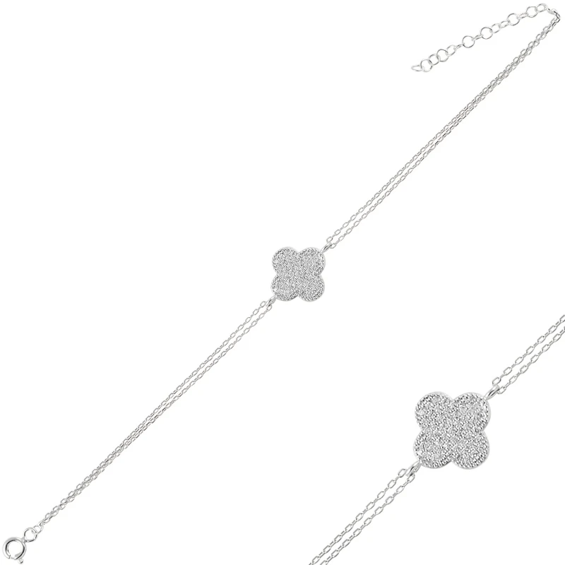 

Silver 925 Sterling Clover Zircon Cubic Zirconia Double Row Chain Bracelet