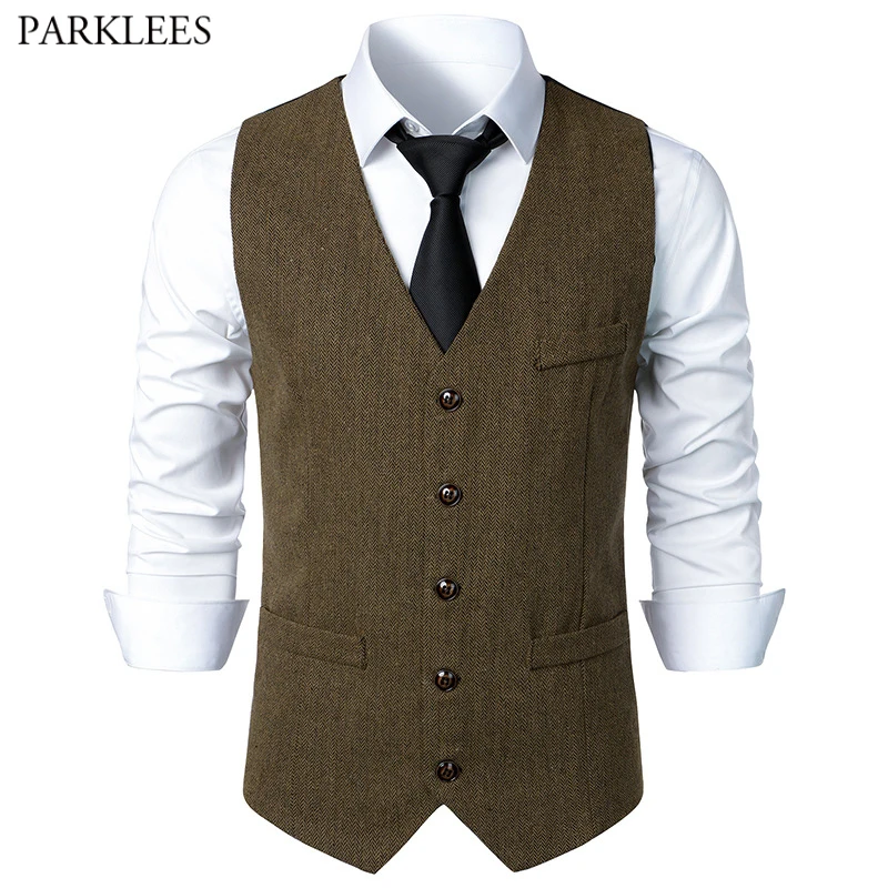 

Mens Retro Herringbone Tweed Dress Vest Brand Slim Fit Single Breasted Suit Vest Men Business Casual Formal Gentleman Chalecos