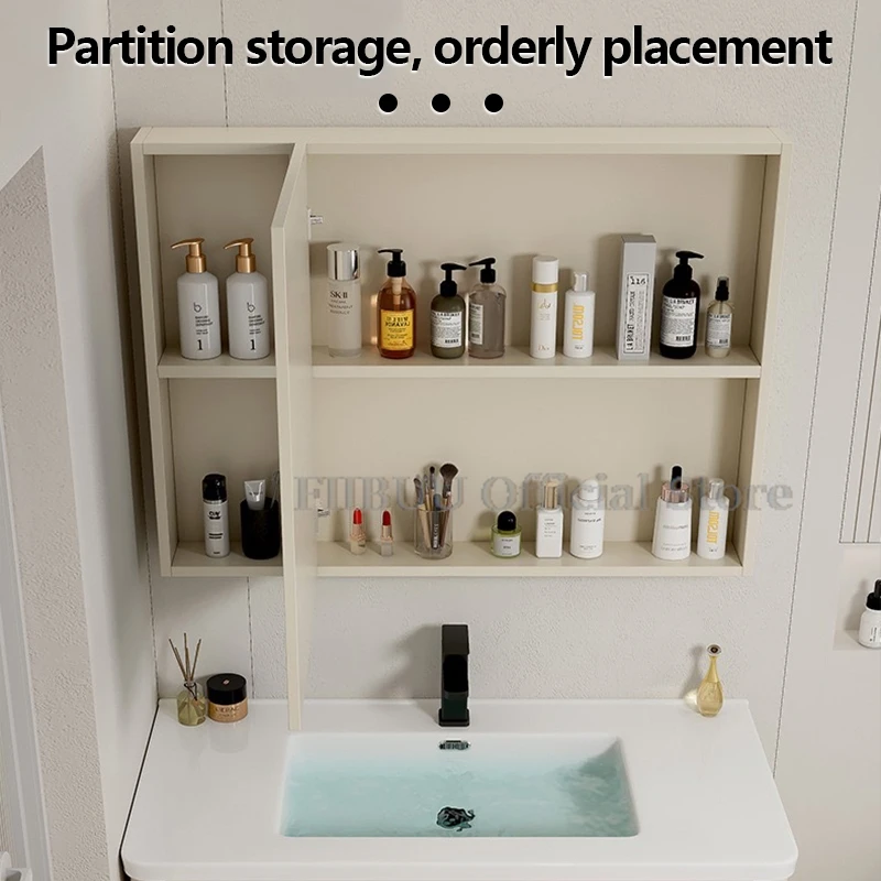 Bathroom Cabinet with Rounded Corners Ceramic Washbasin Wall-mounted Bathroom Dressing Storage Cabinet with Mirror and Faucet