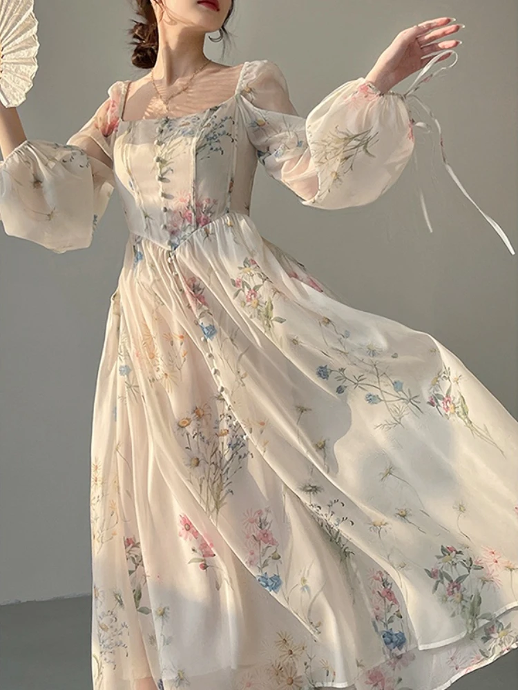 

Chiffon Dresses for Women Long Sleeve French Style Fashion Dress Fairycore Lace Puff Sleeve Midi 2023 New Spring Summer Dress