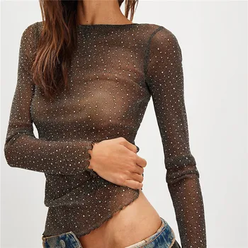 hirigin Women Rhinestone Mesh Sheer Tops Slim Fit Bling See Through Long Sleeve Lettuce Trim Shirts Spring Summer Party Cover Up 1