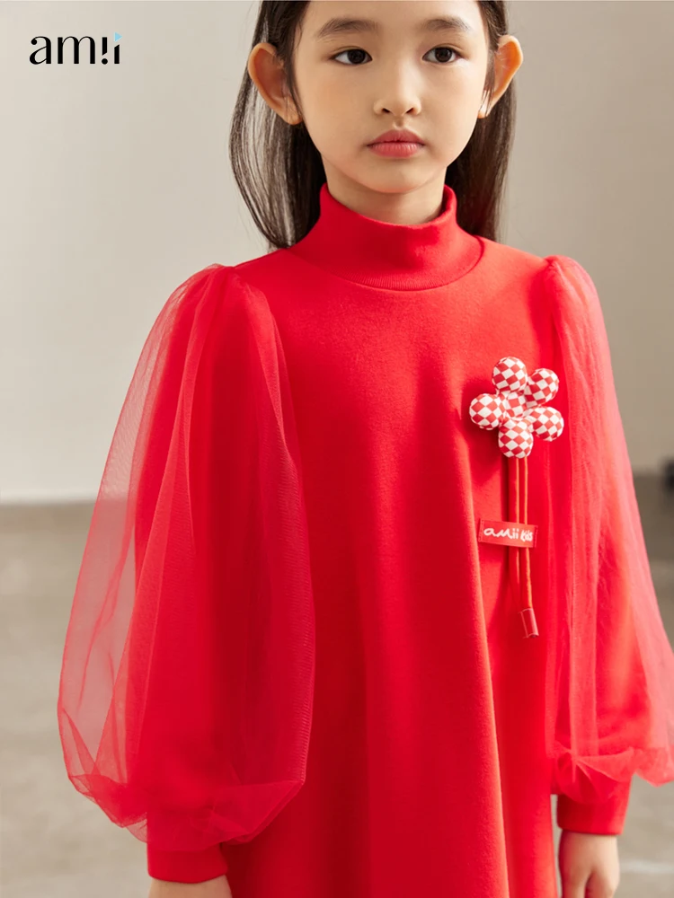 

Amii Kids Dresses for Girls 2022 Winter Fashion A-line Solid Elegant Long Sleeve Sweet Mesh Design Child Party Dress 22340001