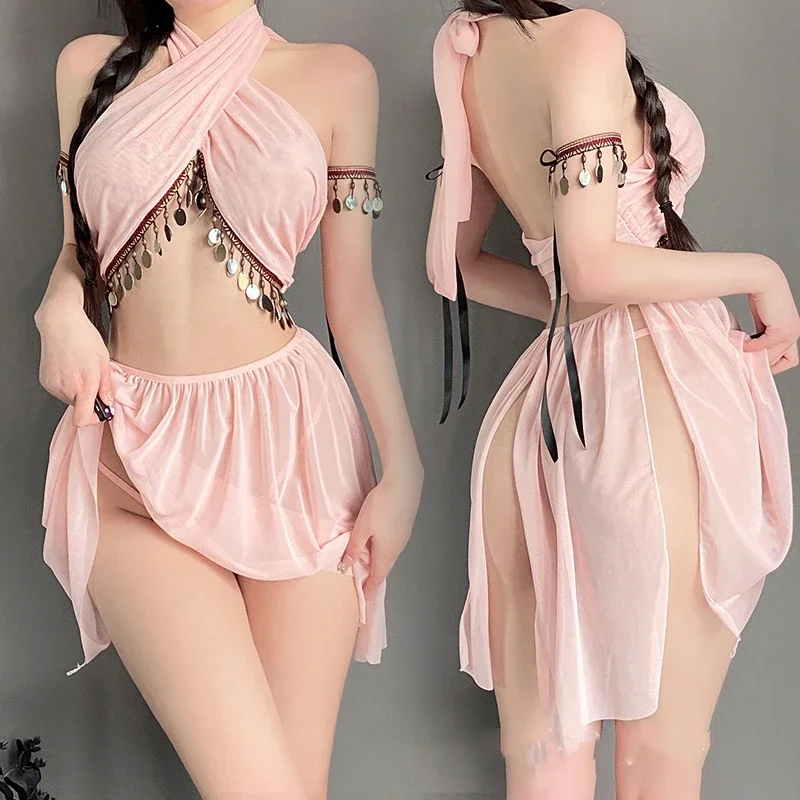 

New Sexy Oriental Exotic Atmosphere Lingerie Set Backless Halter Tassels See-through Chinese Styele Dancer Maid Cosplay Uniform