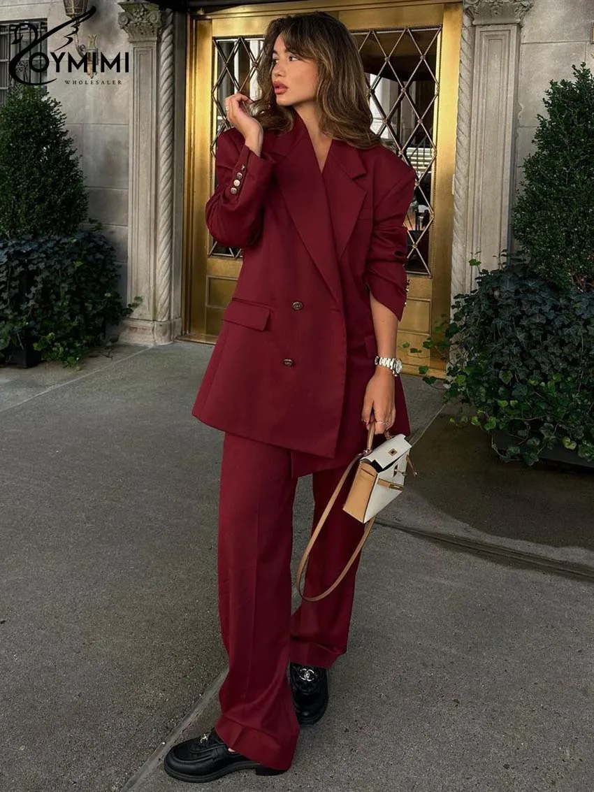 Oymimi Elegant Red Blazers Women Two Piece Set Fashion Long Sleeve Double Breasted Shirt And Simple Full Length Pants Female Set 2023 new spring autumn women blazers wool plaid suit coat pu leather spliced lapel short jacket women clothing female outerwear