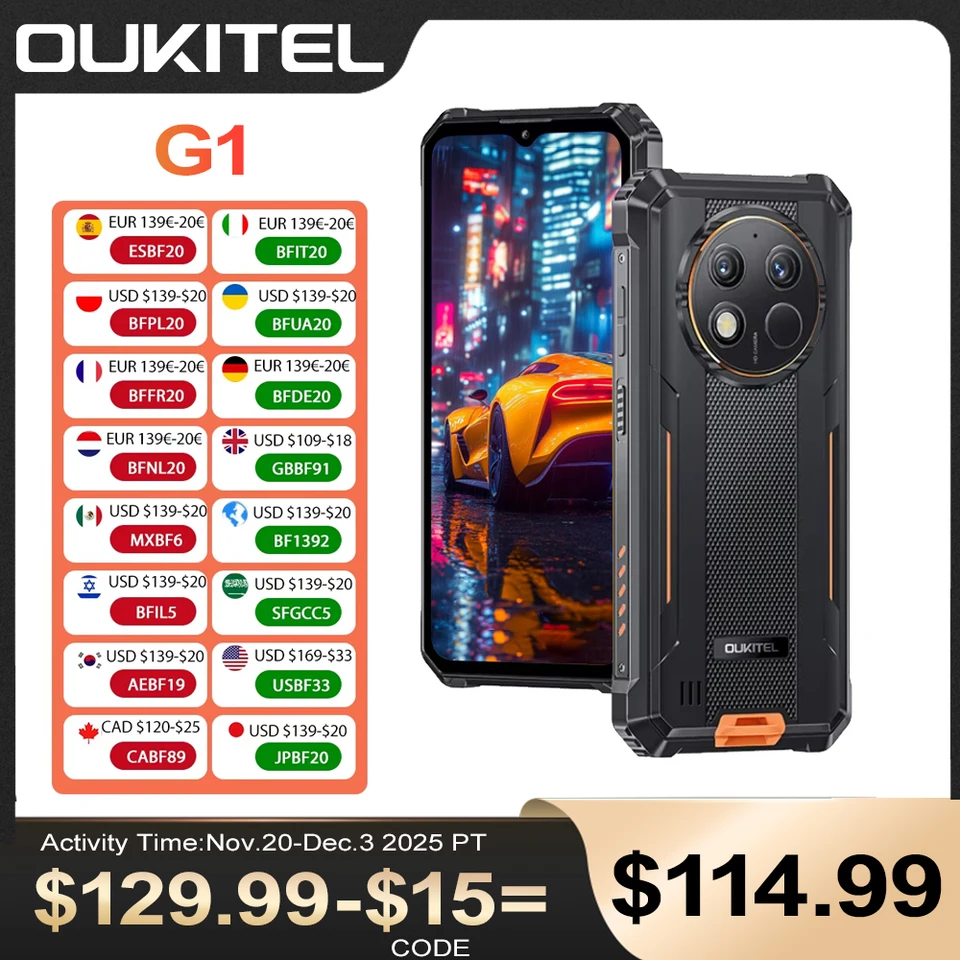 Oukitel G1 24GB+256GB Cellphone 6.52'' HD+ 10600mAh Android14 48MP