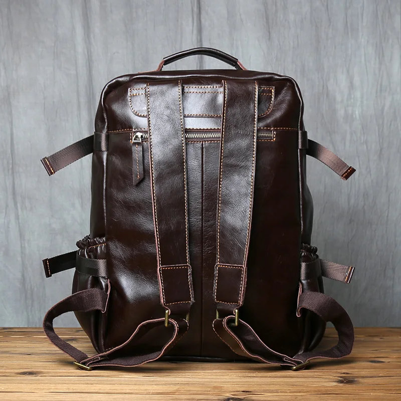 NZPJ Retro Genuine Leather Men Backpack Vegetable Tanned Top Layer Cowhide Backpack Large Capacity Travel Bag For 16 inch laptop