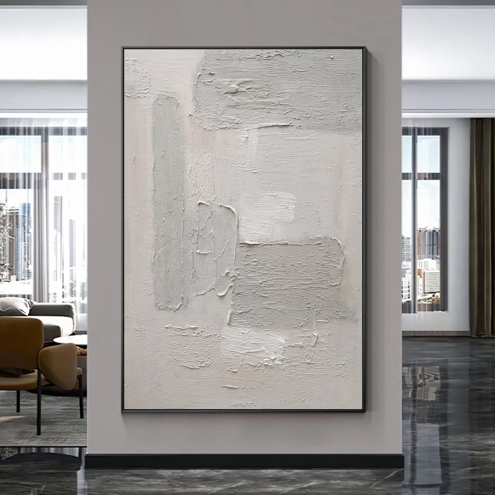 

Hand Painting Gray Textured Art Rectangle Abstract Painting Original Nordic Beige White Wall Art Oil Painting for Wall Decor