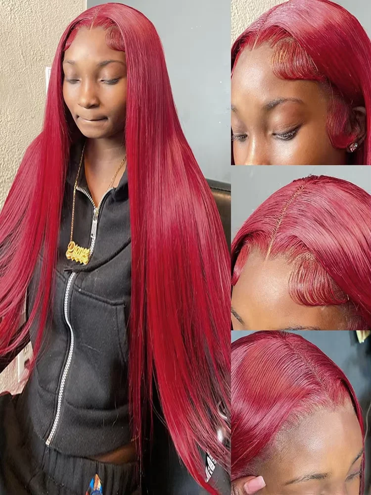 99j Burgundy Lace Front Human Hair Wig 40 Inch 13x6 Straight Lace Frontal Wigs HD Transparent Lace Colored Red Wig For Women