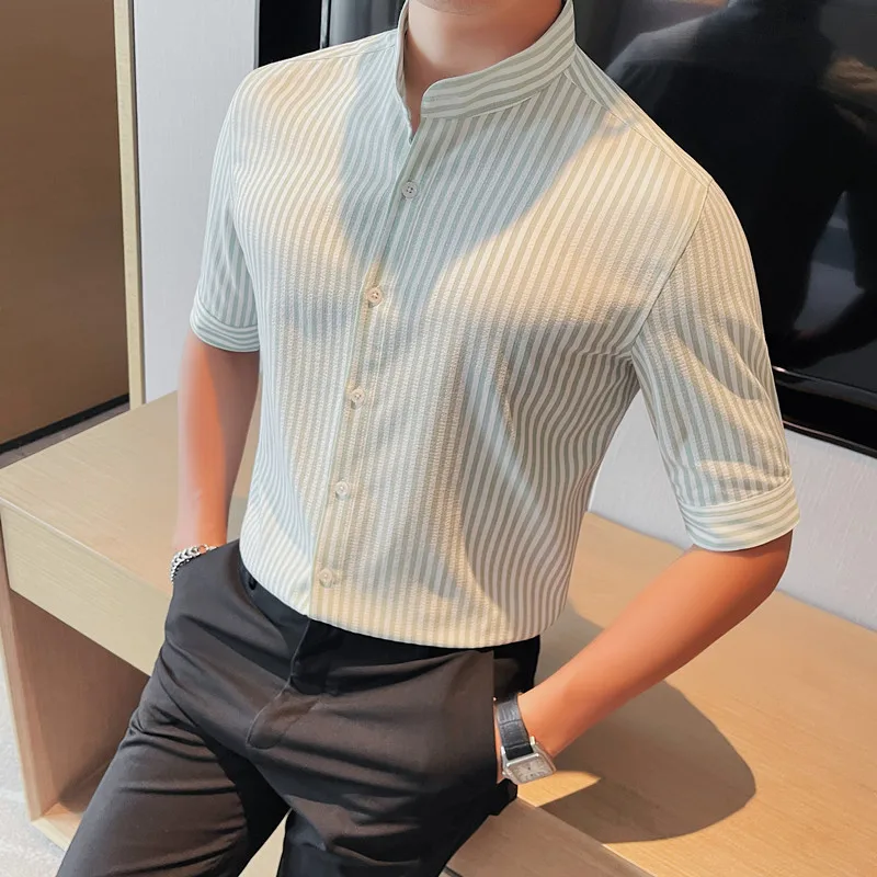 

Chinese Style Standing Collar Shirt for Men Fashion Half Sleeve Casual Shirts High-quality Business Social Dress Shirts M-5XL