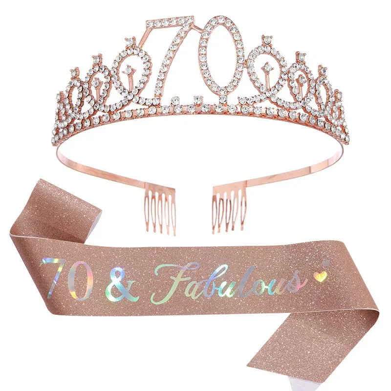 2 teile/satz Geburtstag Party Crown Schärpe 18 21 30 40 50 Kristall Krone Tiara Druck Etikette Gürtel Dekoration Anzug Party liefert – Detail 7