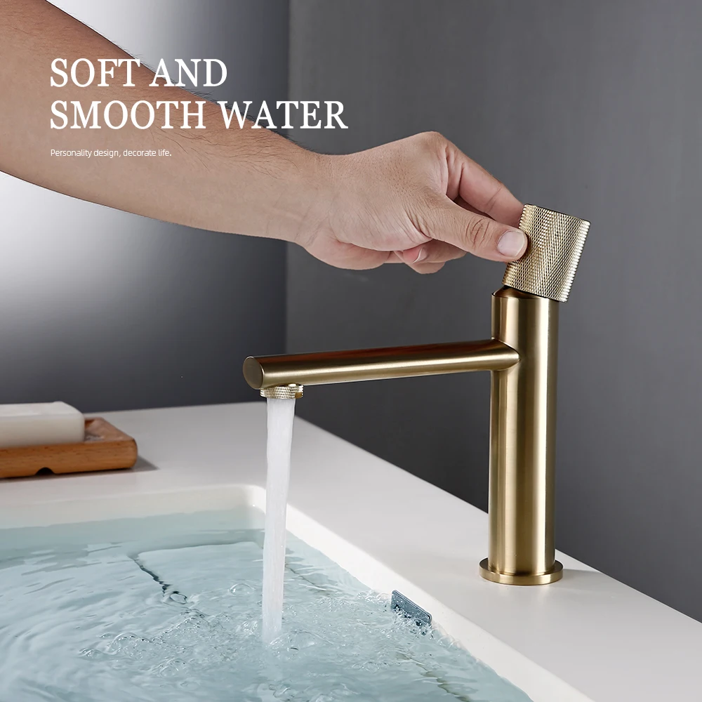 Basin Faucet Bathroom Taps Single Handle Hot and Cold Sink Mixer Knurled Brushed Gold