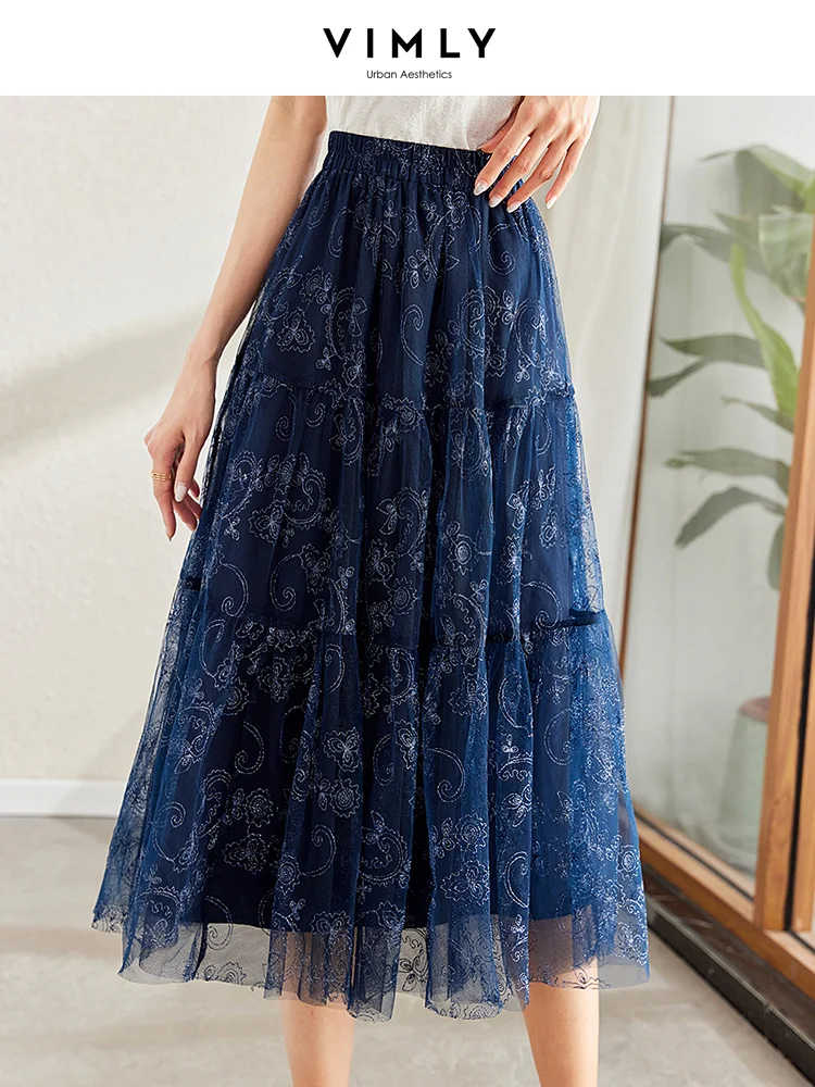 Vimly French Floral Women's Skirt A Line 2023 Summer New Chic High Waist Long Skirts Office Lady Casual Female Clothing Elegant vimly 100% cotton black cargo skirt for women fashion casual solid elastic waist a line split long skirts female clothing m3968