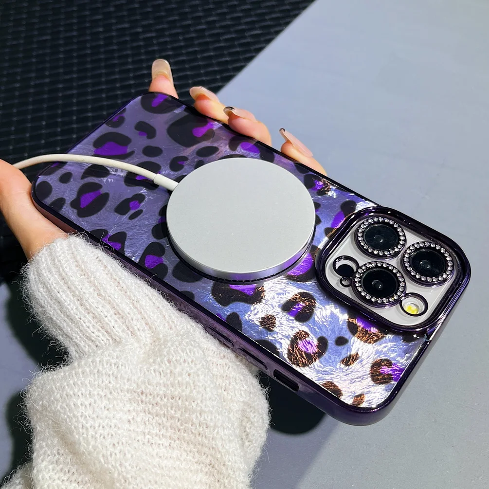 Shiny Rhinestone Leopard Print Magsafe Magnetic Case for iPhone 16 Pro Max 15 Pro 14 Plus 16 + 13 12 11 Camera Protect cover