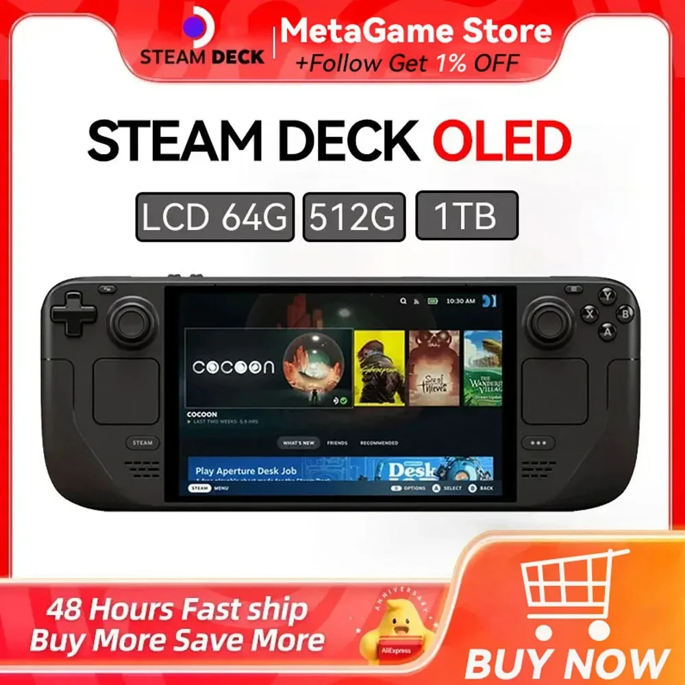 오리지널 스팀 데크 OLED 휴대용 게임 플레이어, NVME SSD, 7.4 인치 대각선 디스플레이, 1TB, 512GB