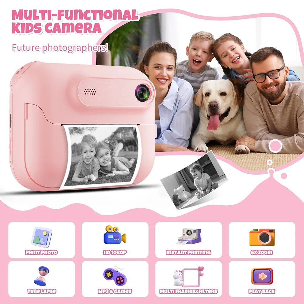 Instant Print Digital Camera for Kids with Video, MP3, and Games, USB Rechargeable Thermal Printer