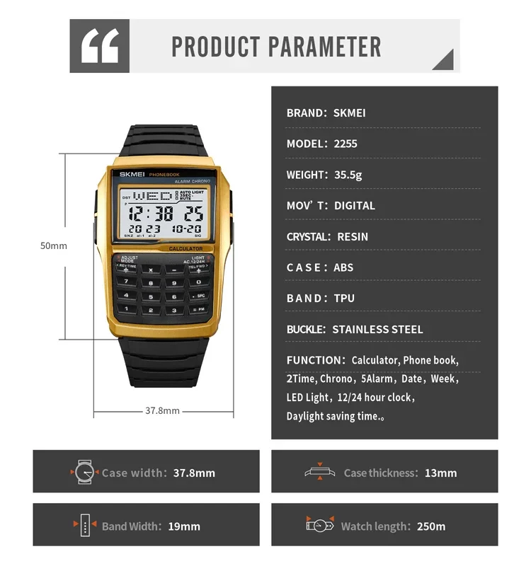 SKMEI 2255 Dual Time Sports calculator Watch for Men Digital Mens Wristwatches Countdown Casual Phone Book Montre Homme 1278