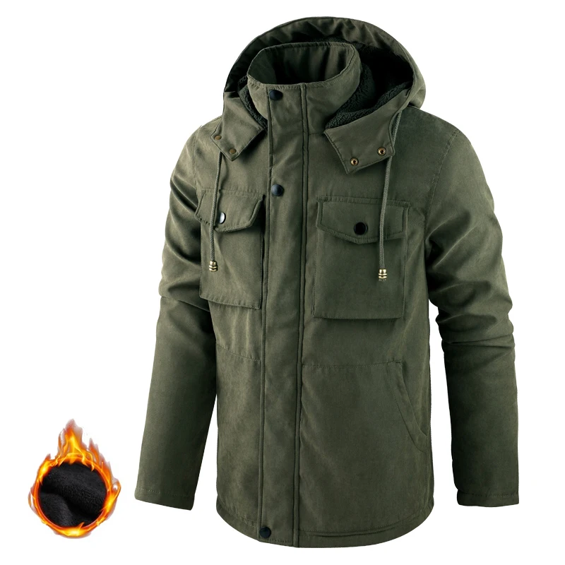 2023 New Men Winter Casual Windproof Keep Warm Jacket Coats Male Size 5XL 6XL Plush Fleece Detachable Hat Military Cargo Jacket