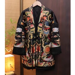 High End Palace Embroidery Loose Acetate Cotton Jacket Women's Winter New Chinese Style V-Neck Tie Up Single Buckle Coat S-XXL