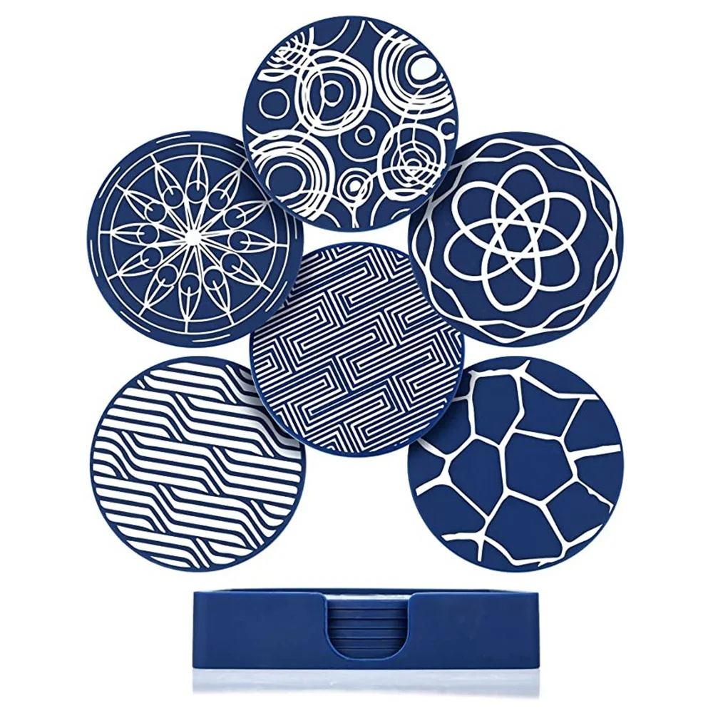 

6Pcs Drink Coasters Round Silicone Rubber Cup Pad with Storage Box Suitable for Bar Table Decoration Protect Desktop