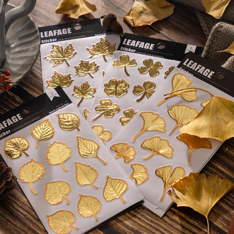 

2 pcs/lot Gold foil leaf Stickers Stick Labels Decorative Diary Album Scrapbooking material junk journal supplies