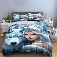 Ensemble de housse de couette imprimée princesse et loup, 3 pièces, literie de style King Queen, chambre d'hôtes, cadeau (1 housse de couette et 2 taies d'oreiller) 3