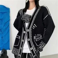 Print Graffiti Cardigan Women Long Sleeve Top Y2K Loose V-neck Sweater Autumn Winter Streetwear Knitted Female Cardigans Coat - Image 5
