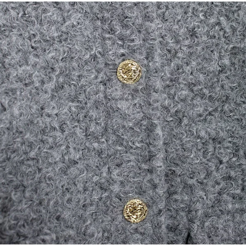 Elegant Woolen Blends Coat For Women O-neck Metal Button Gray Long Sleeve Pockets Jackets Autumn Lady High Street Outwear