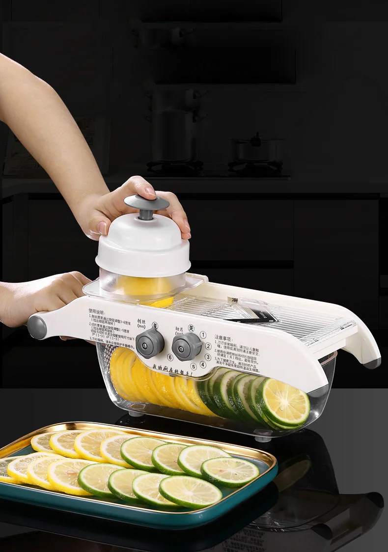 Description Picture 5 of itemMultifunctional Lemon Slicer Vegetable Grater With Basket,V-blade Fruit Potato Chopper Carrot Cutter Slicer Kitchen Accessories