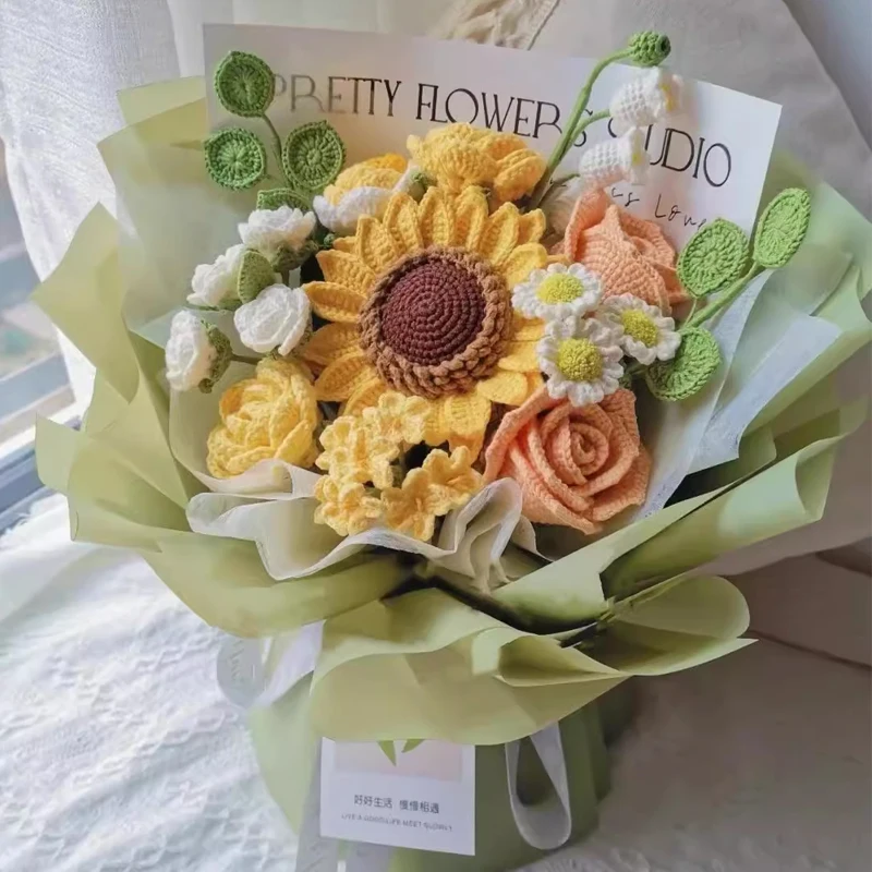 

Hand-Woven Sunflower Rose Mixed Bouquet Finished Item Lily of the Valley Daisy Knitted Flower Arrangement for Girlfriend