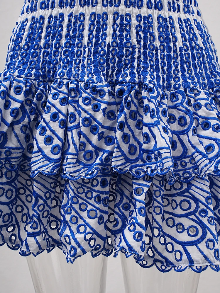 Elegant Embroidery Cut Out Woman Mini Dress Strapless Off Shoulder High Waist Vestidos Female Clothing 2025 Summer 23A430