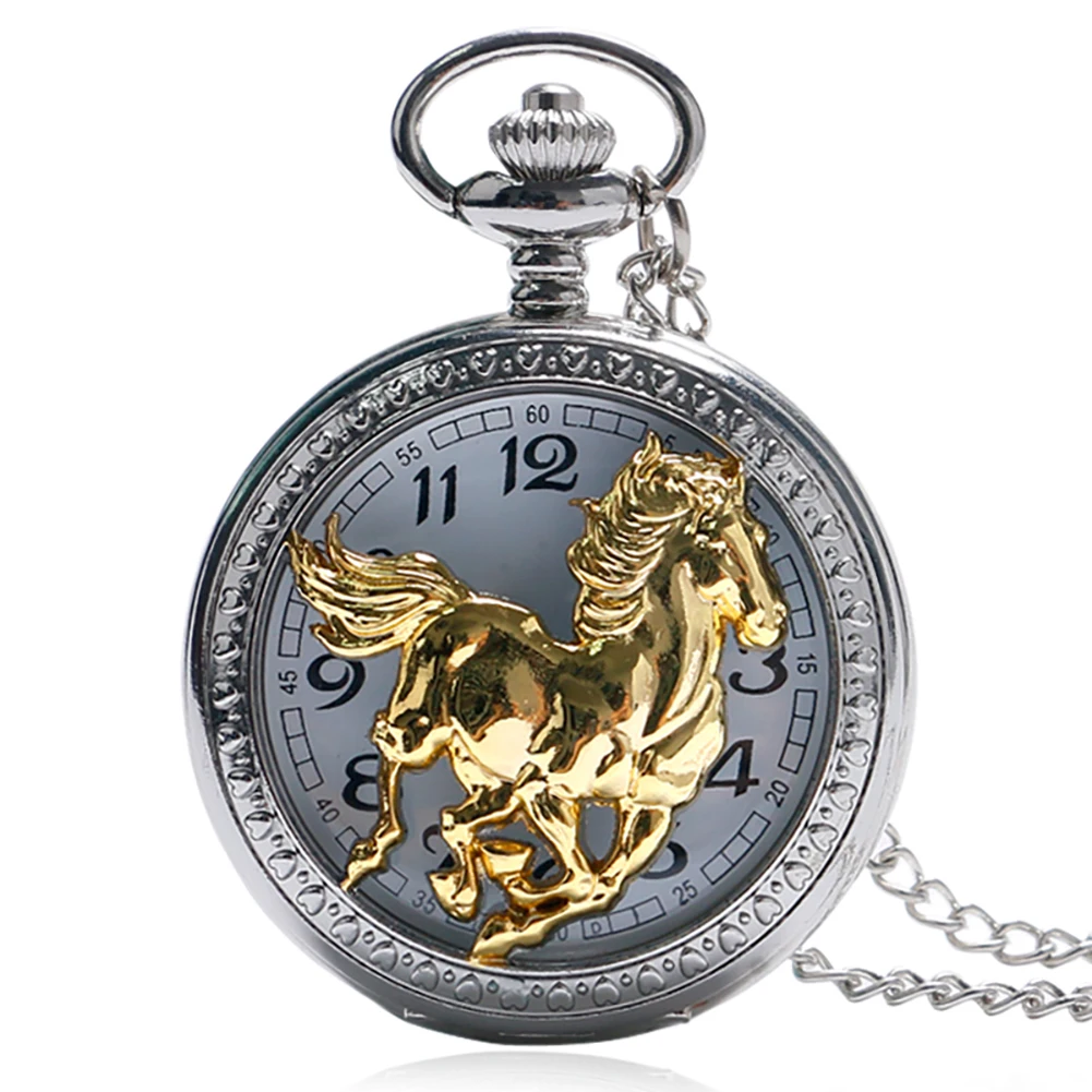 Luxury Silver Golden Crash Horse Chinese Zodiac Orologio Da Tasca Al Quarzo Collana Animale Ciondolo A Catena Per Uomo Donna