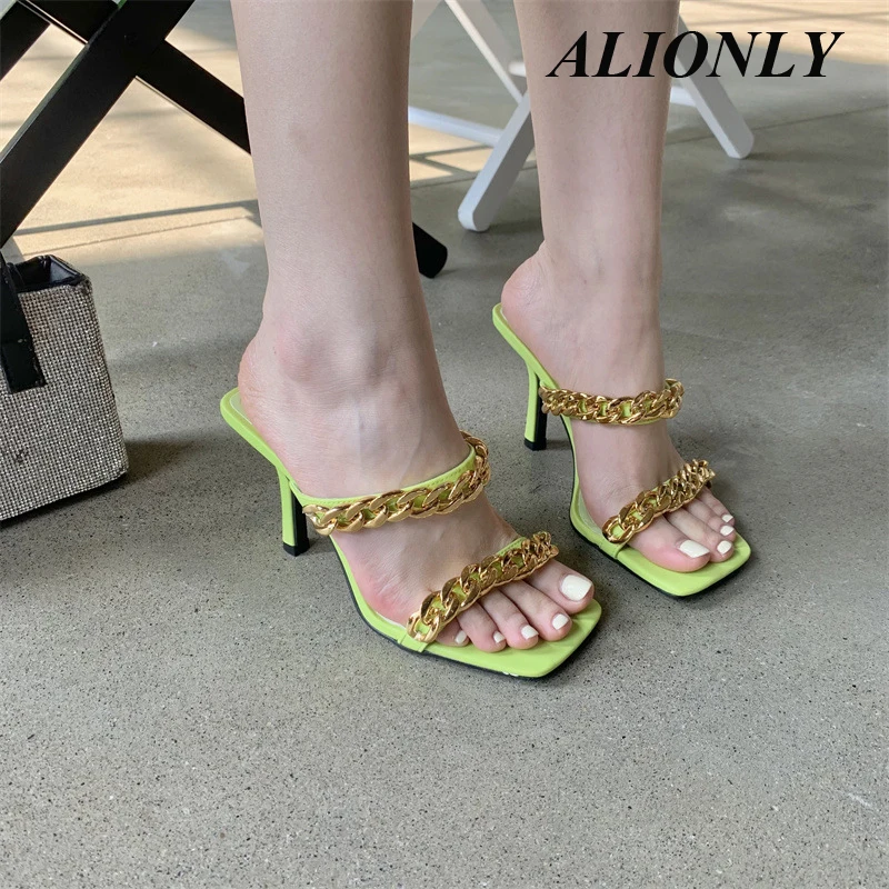 

Alionly Fashion Metal Chain Designer Shoes For Women Stiletto High Heels Slippers Green PVC Transparent Jelly Sandals Flip Flops