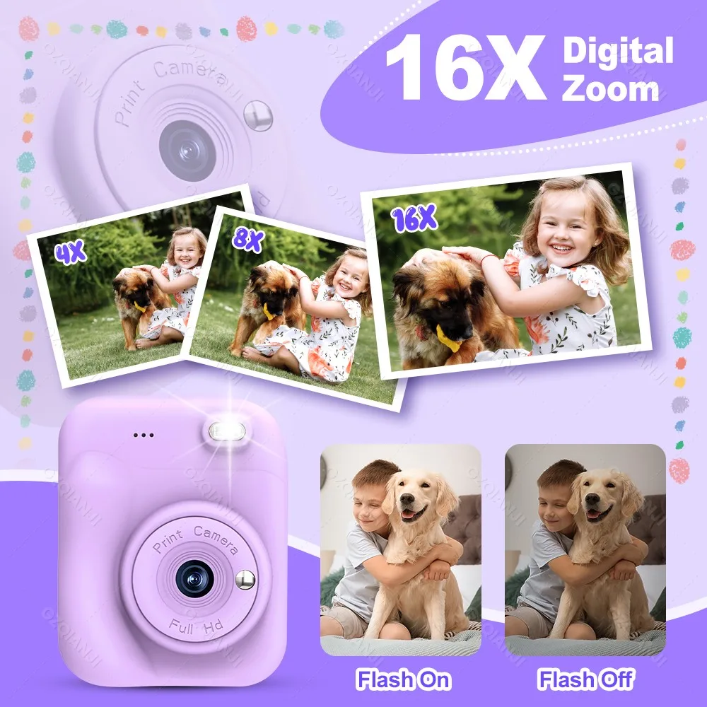 Thermal Printer Kids Instant Printing Camera 5 Color Printing Camera 1080P HD Camera Print Photo Video Games Music Children Gift
