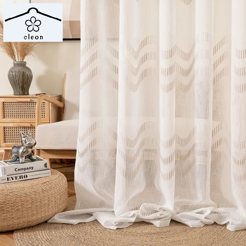 

Japanese and Korean Minimalist Tulle Curtains for Living Room Bedroom Herringbone Pattern Striped Transparent Tulle Curtain
