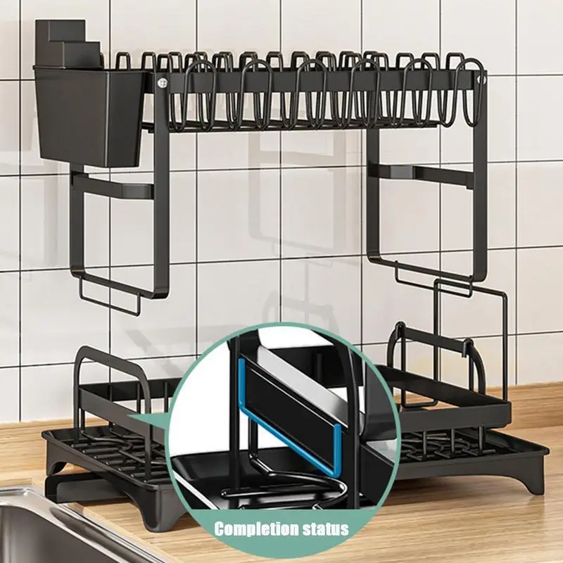 2 Tier Dish Drying Rack Kitchen Counter Dish Organizer Rack With Drainboard And Utensil Holders Carbon Steel Dish Drainer Set