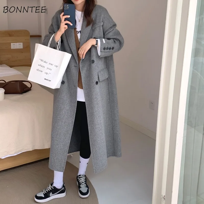 

Wool Blends Women Coats Solid Long Midi Loose Autumn Winter Female Turn-down Collar All-match Chic Ulzzang Mujer Students Preppy