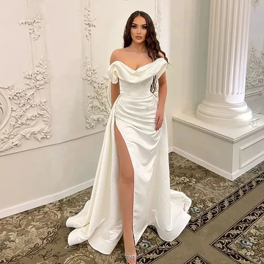 

Elegant Satin Wedding Dresses For Bride Ribbons Princess Backless Off Shoulder High Split Civil Bridal Gowns Chapel Train 2023