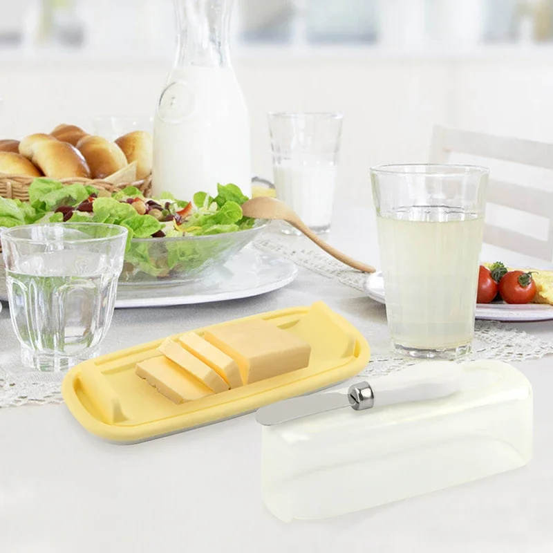 Butter Dish with Lid and Knife, Square Cheese Storage Box, Butter Keeper, Container Holds for Countertop, Tray