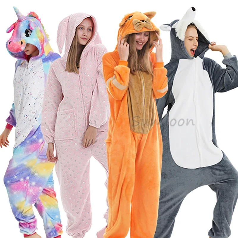Adults Animal Unicorn Pajamas Winter Sleepwear Kigurumi Panda Rabbit Wolf Pyjamas Women Onesies Anime Costumes Jumpsuit