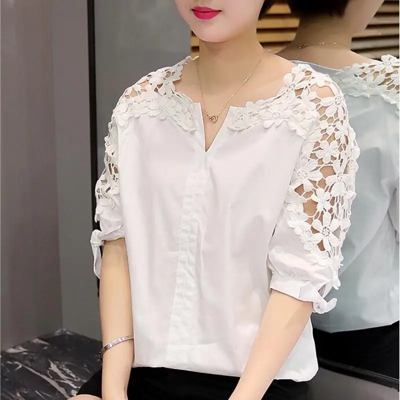

Summer Elegant V-Neck Sweet Blouse Floral Commute Lace Hollow Out Women's Clothing Casual Solid Color Loose Spliced Shirt 2023