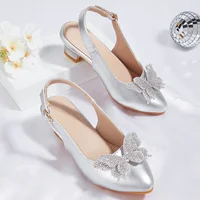 2025 New Girls' Princess Shoes Fashion Pointed-toe Rhinestone Butterfly Children's High Heels Girls' Sandals for Ages 7-12T 2