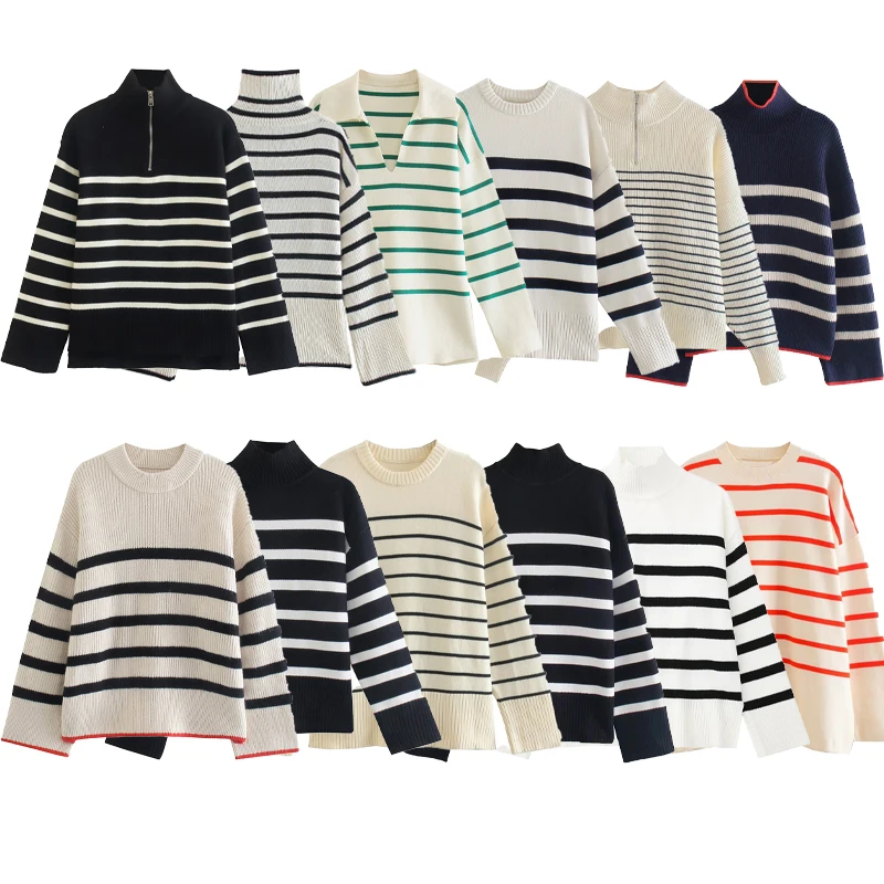 

Strips Sweater Women Turtleneck Pullover Sweaters Tops Fall Winter Warm Clothes Long Sleeve Top Jumpers Female