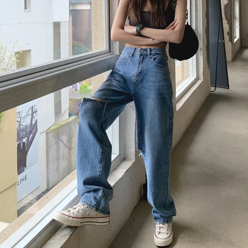 2021 New Summer Women High Waist Straight Jeans Street Style Casual Ripped Hole Jeans Female Blue Washed Loose Pop Denim Pants women s vintage street jeans high waisted harajuku blue straight pants 2021 casual jeans ripped hip hop summer denim pant female