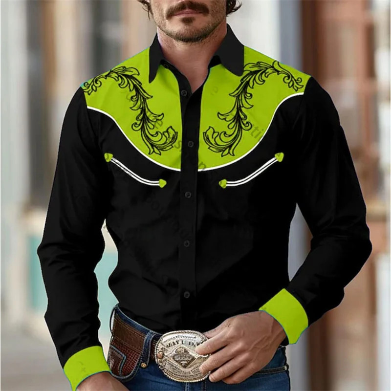 thumbnail image 1 of Camisa de hombre estilo retro occidental con estampado floral 2024, informal, para exteriores, calle, uso diario, primavera y verano, con solapa, manga larga, color negro, tallas S a 5XL, tejido elást, 1 of 5