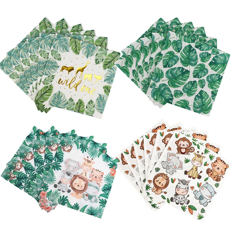 

20pcs Wild One Palm Leaves Animal Napkins Jungle Safari Birthday Party Decoration Tropical Hawaii Themed Party Decoration Tissue