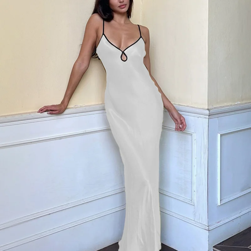 Sexy Dress Women y2k Clothes Contrast Color V Neck Spaghetti Strap Sleeveless Bodycon Long Dress Evening Party Dresses