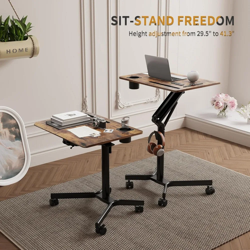 Mobile Standing Desk, 28 inch Small Height Adjustable Rolling Laptop Desk, Portable Sit Stand Desk 3